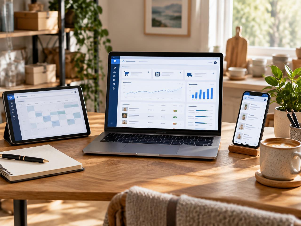 Custom business app running on laptop, tablet and phone at a workspace